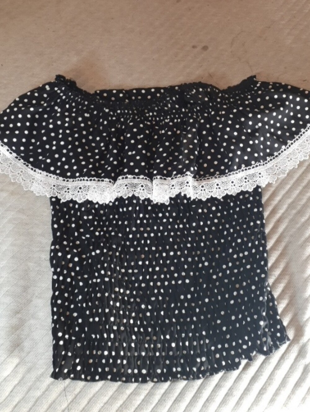 Black Polka Dot Off-Shoulder Top with White Lace
